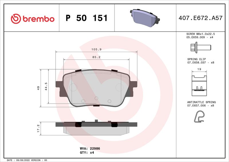 Комплект тормозных колодок, дисковый тормоз BREMBO P50151