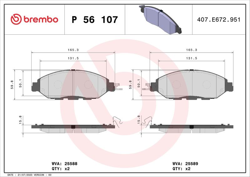 Комплект тормозных колодок, дисковый тормоз BREMBO P56107