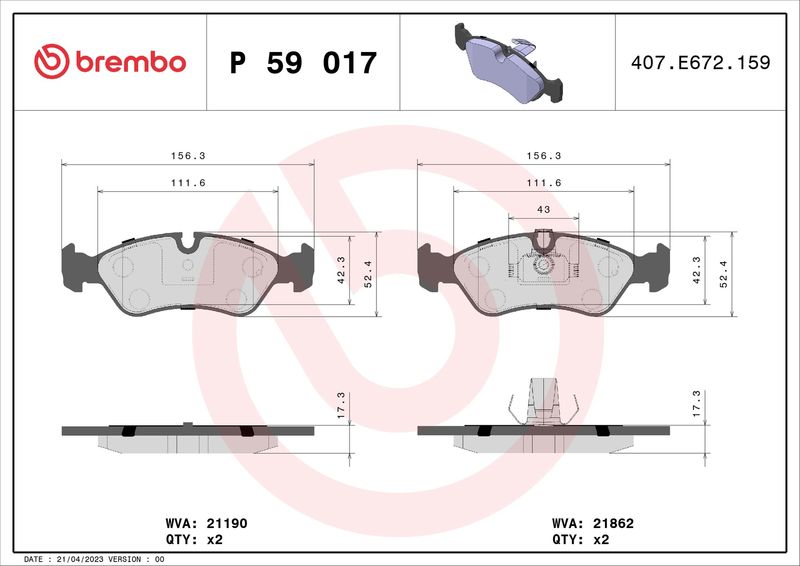 Комплект тормозных колодок, дисковый тормоз BREMBO P59017