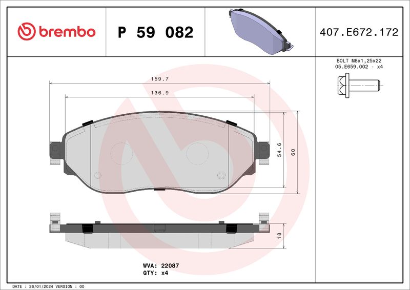 Комплект тормозных колодок, дисковый тормоз BREMBO P59082