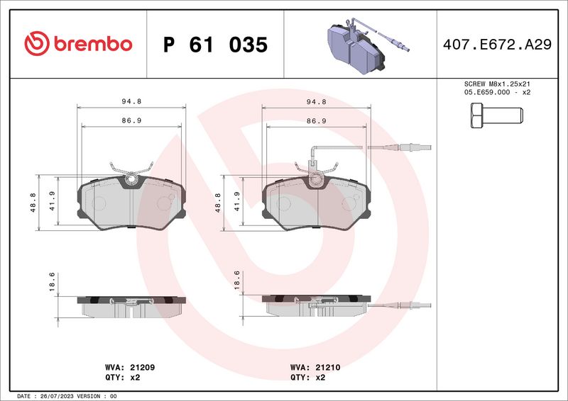 Комплект тормозных колодок, дисковый тормоз BREMBO P61035