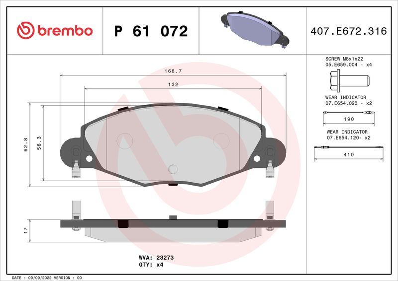Комплект тормозных колодок, дисковый тормоз BREMBO P61072