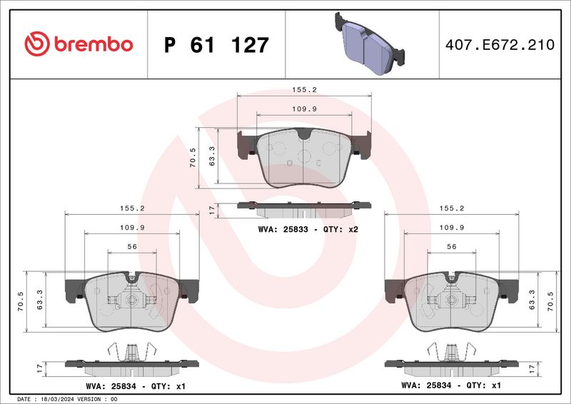 Комплект тормозных колодок, дисковый тормоз BREMBO P61127