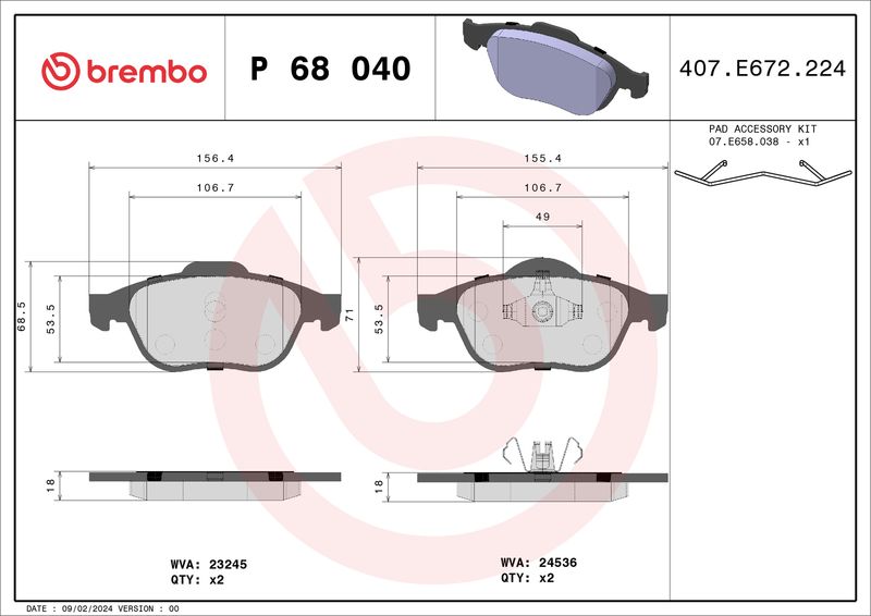 Комплект тормозных колодок, дисковый тормоз BREMBO P68040