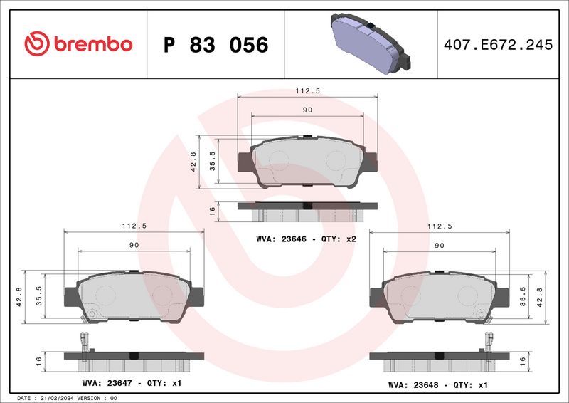 Комплект тормозных колодок, дисковый тормоз BREMBO P83056