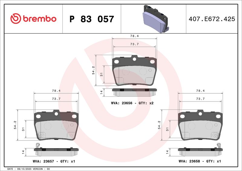 Комплект тормозных колодок, дисковый тормоз BREMBO P83057