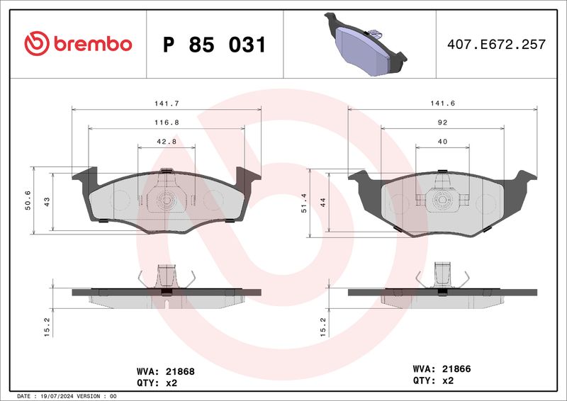 Комплект тормозных колодок, дисковый тормоз BREMBO P85031