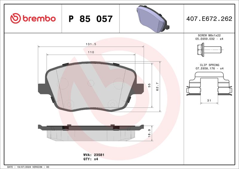 Комплект тормозных колодок, дисковый тормоз BREMBO P85057