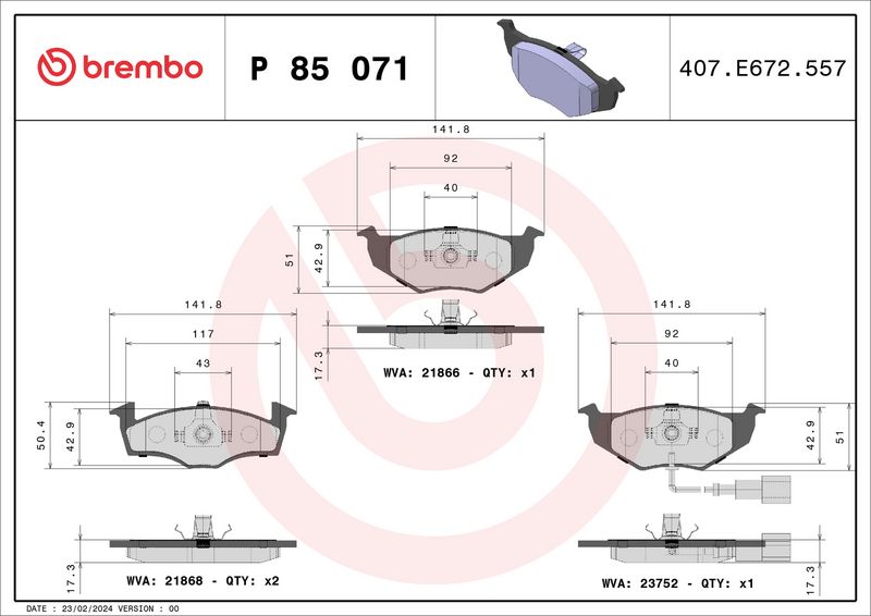 Комплект тормозных колодок, дисковый тормоз BREMBO P85071