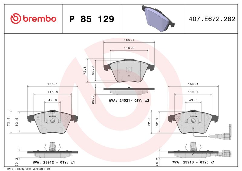 Комплект тормозных колодок, дисковый тормоз BREMBO P85129