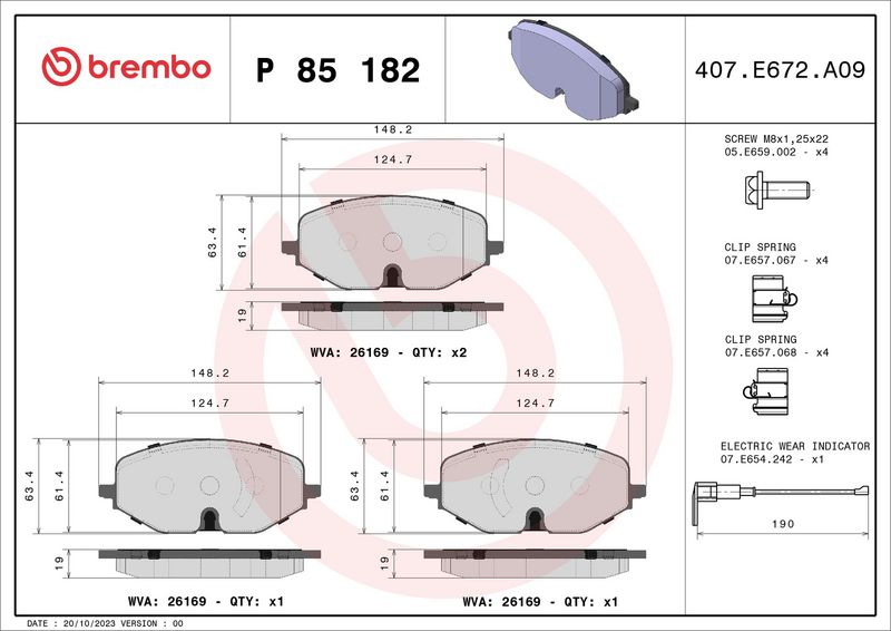 Комплект тормозных колодок, дисковый тормоз BREMBO P85182