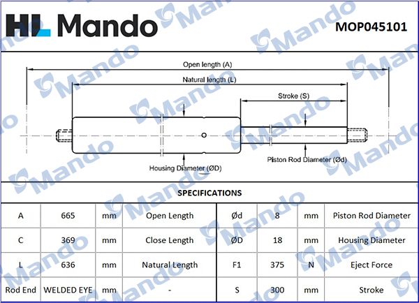Газовая пружина, крышка багажник MANDO MOP045101