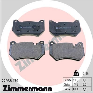 Комплект тормозных колодок, дисковый тормоз ZIMMERMANN 229581701