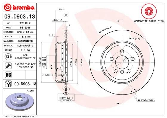 Тормозной диск BREMBO 09D90313