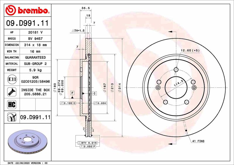 Тормозной диск BREMBO 09D99111