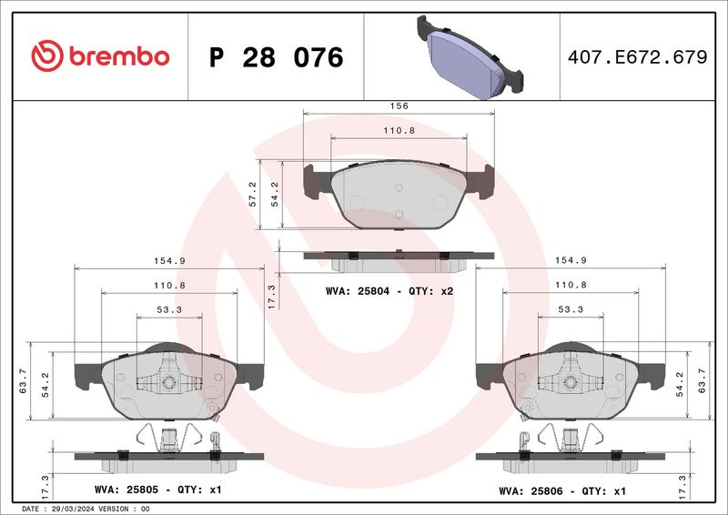 Комплект тормозных колодок, дисковый тормоз BREMBO P28076