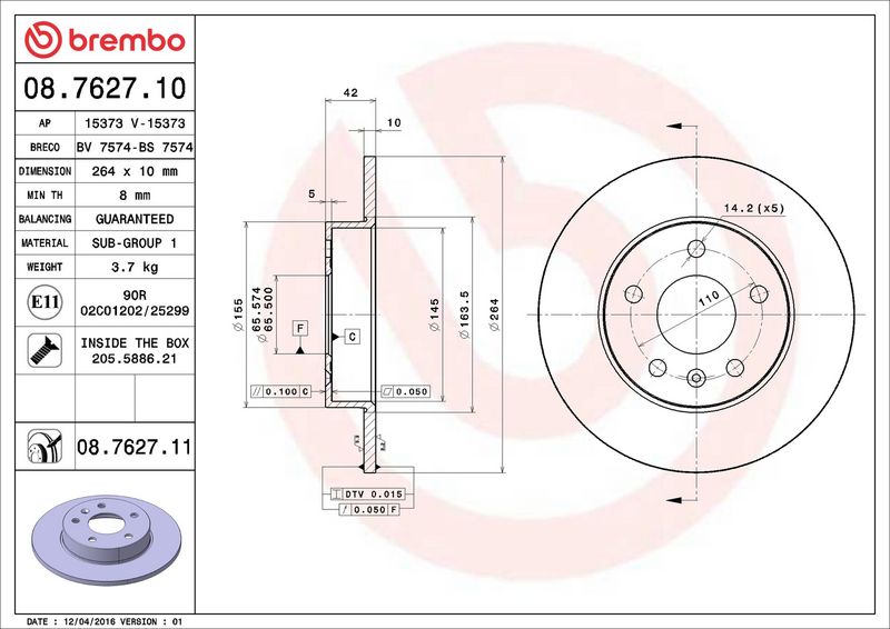 Тормозной диск BREMBO 08762710