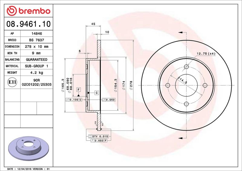 Тормозной диск BREMBO 08946110
