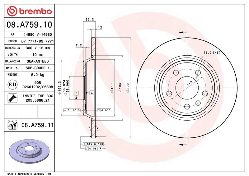 Тормозной диск BREMBO 08A75910