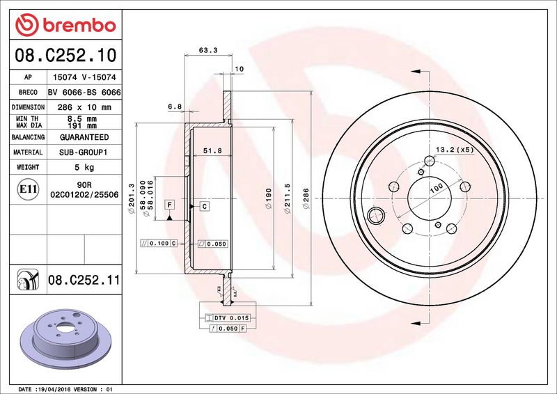 Тормозной диск BREMBO 08C25210