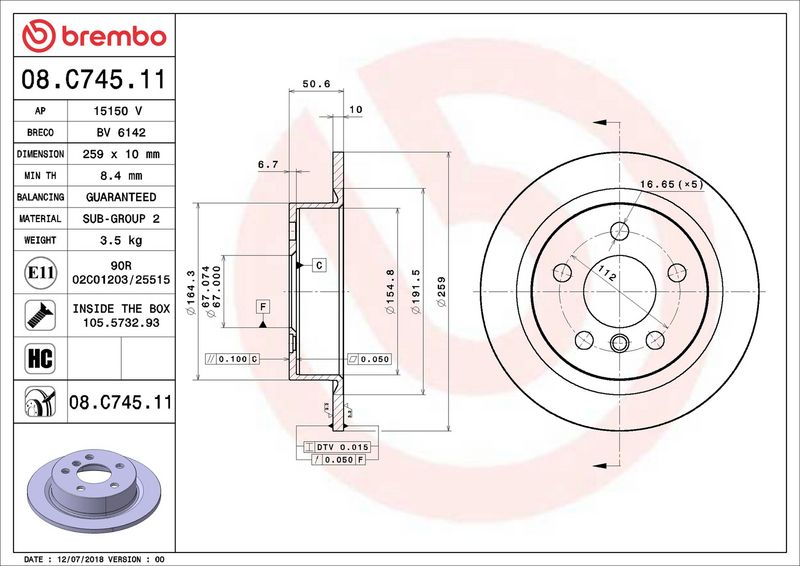 Тормозной диск BREMBO 08C74511