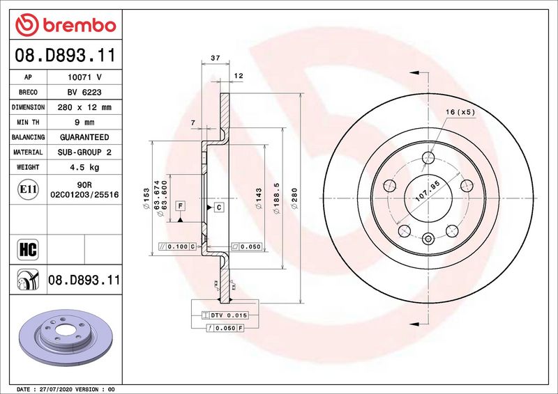 Тормозной диск BREMBO 08D89311