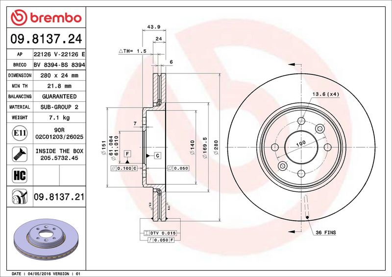 Тормозной диск BREMBO 09813721