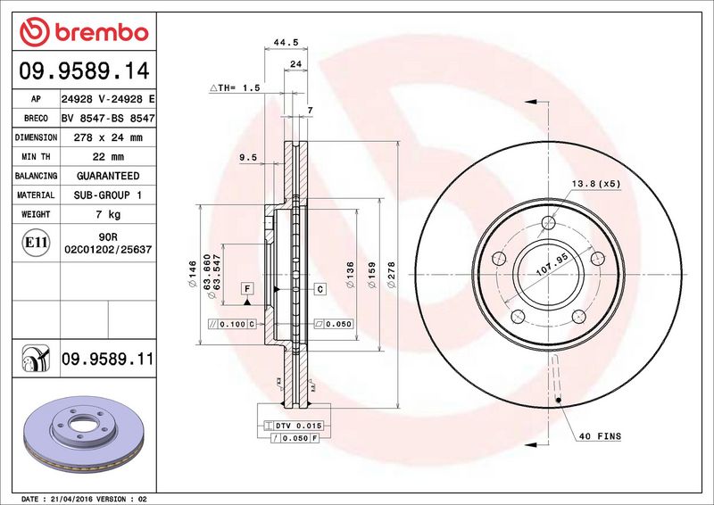 Тормозной диск BREMBO 09958911