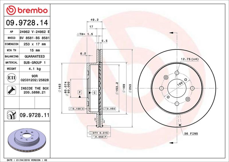 Тормозной диск BREMBO 09972814