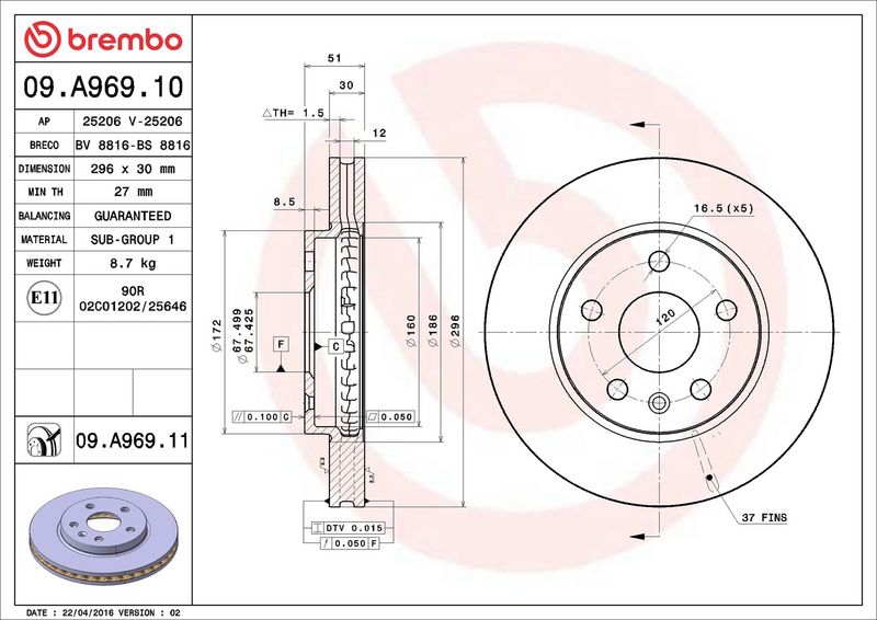 Тормозной диск BREMBO 09A96911