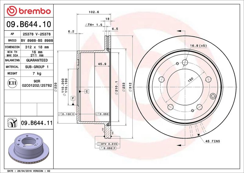 Тормозной диск BREMBO 09B64411