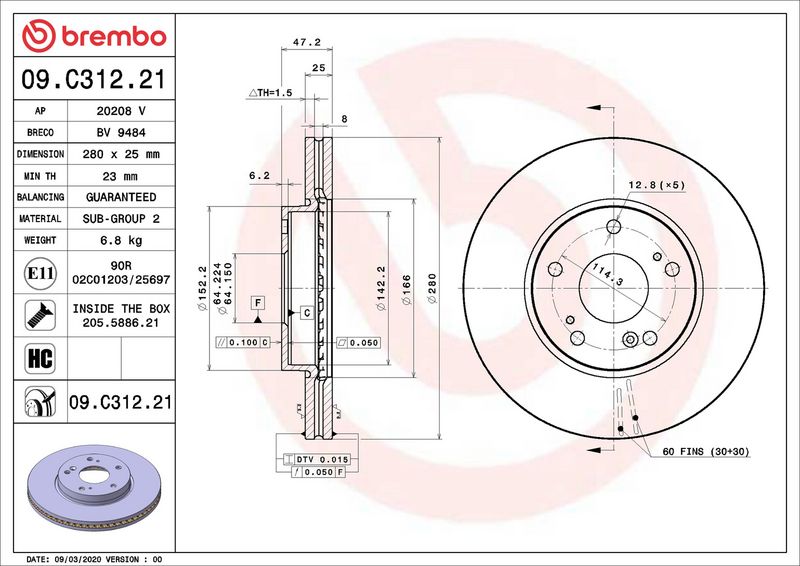 Тормозной диск BREMBO 09C31221