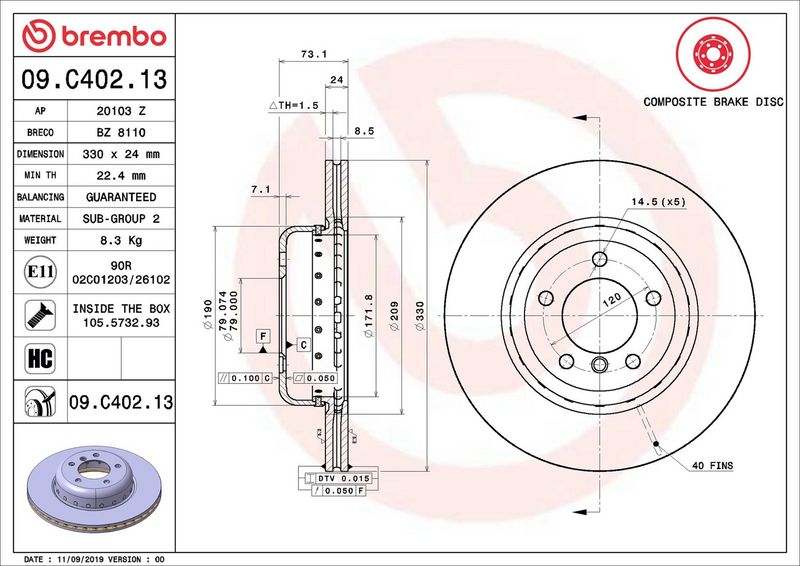 Тормозной диск BREMBO 09C40213