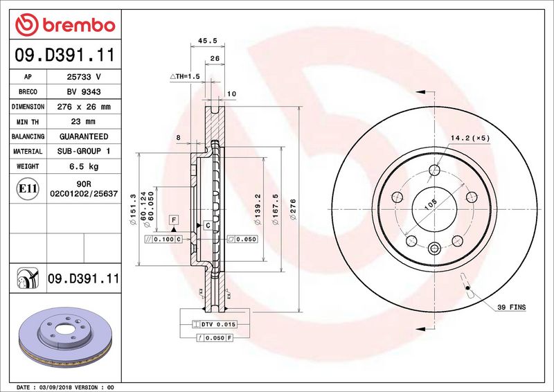 Тормозной диск BREMBO 09D39111