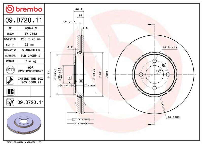Тормозной диск BREMBO 09D72011