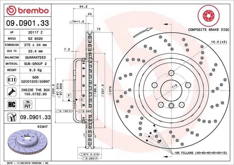Тормозной диск BREMBO 09D90133