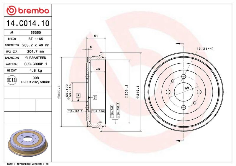 Тормозной барабан BREMBO 14C01410