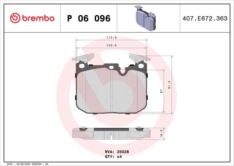 Комплект тормозных колодок, дисковый тормоз BREMBO P06096X