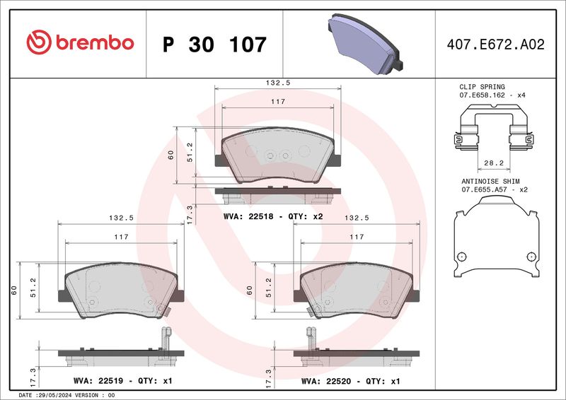 Комплект тормозных колодок, дисковый тормоз BREMBO P30107