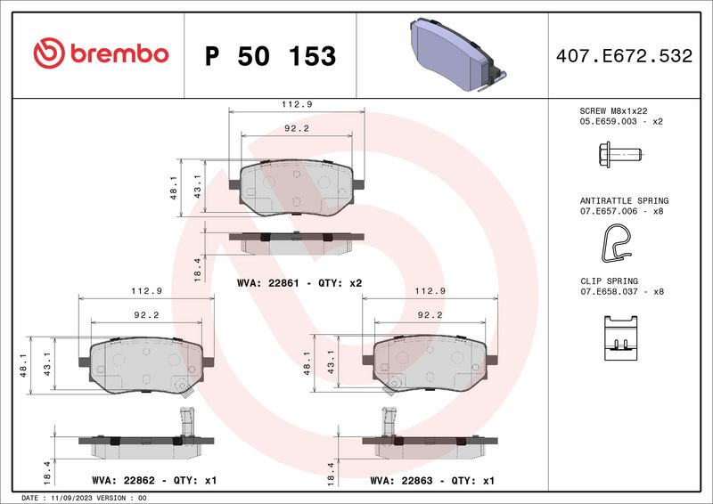 Комплект тормозных колодок, дисковый тормоз BREMBO P50153