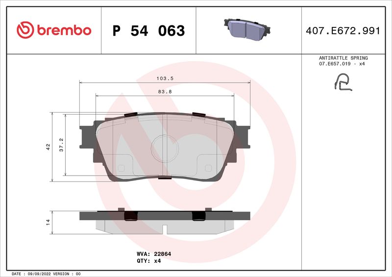 Комплект тормозных колодок, дисковый тормоз BREMBO P54063