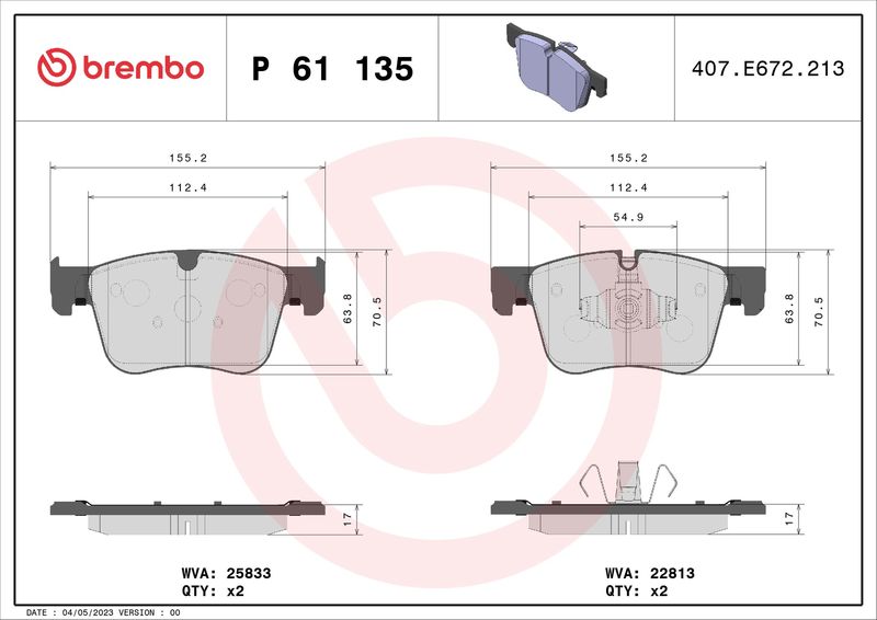 Комплект тормозных колодок, дисковый тормоз BREMBO P61135