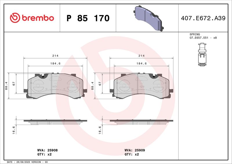 Комплект тормозных колодок, дисковый тормоз BREMBO P85170