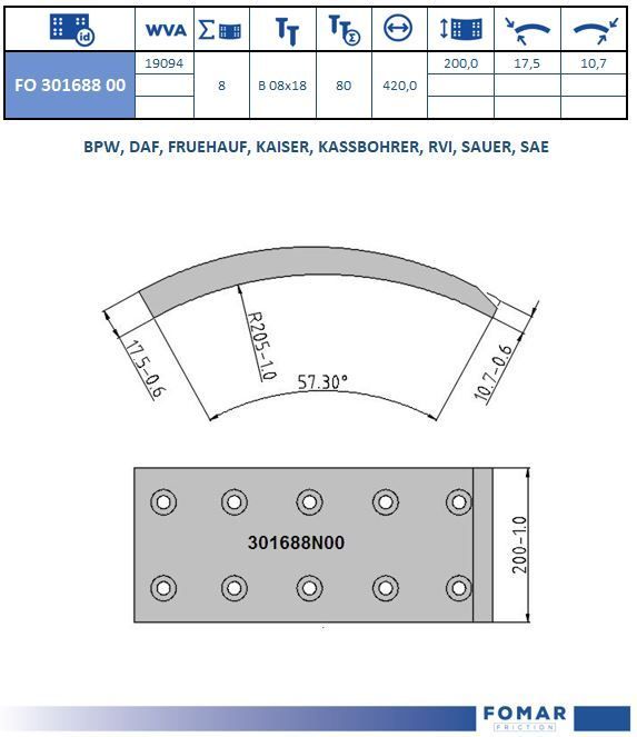 Комплект тормозных башмаков, барабанные тормоза FOMAR FO30168800
