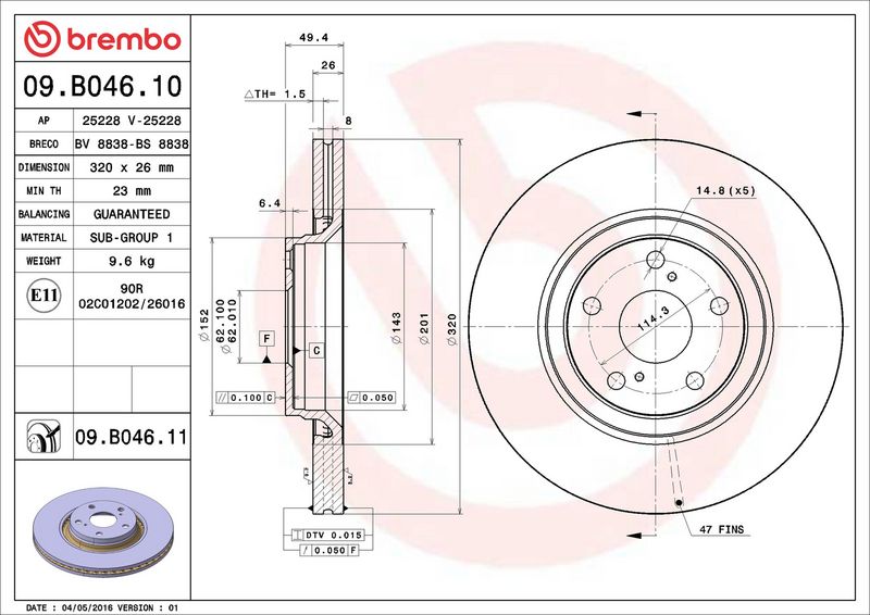 Тормозной диск BREMBO 09B04611