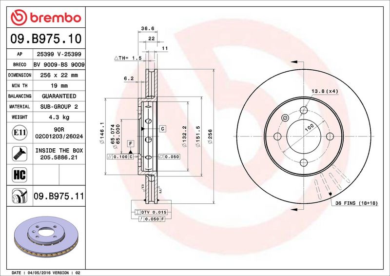 Тормозной диск BREMBO 09B97511