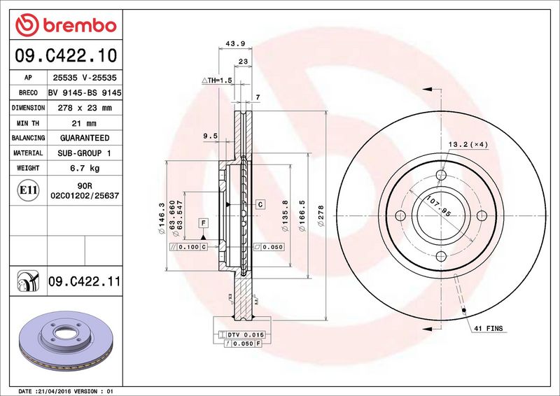 Тормозной диск BREMBO 09C42211