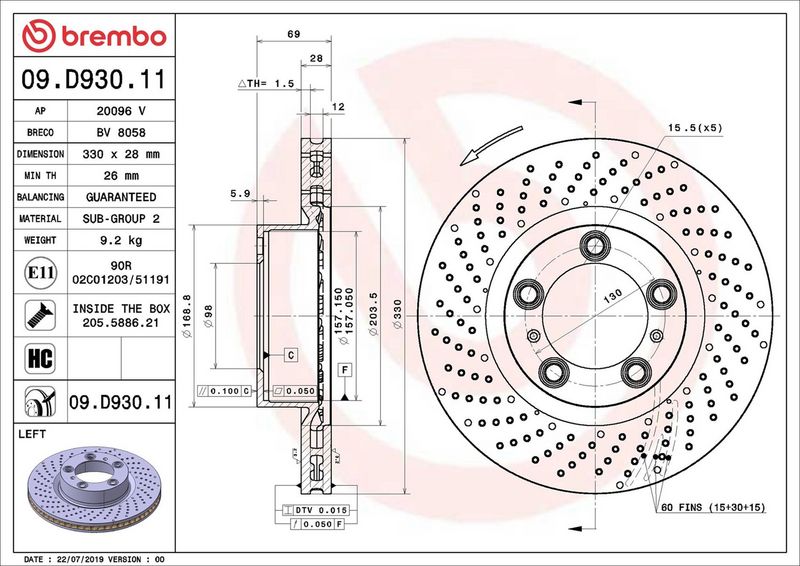 Тормозной диск BREMBO 09D93011