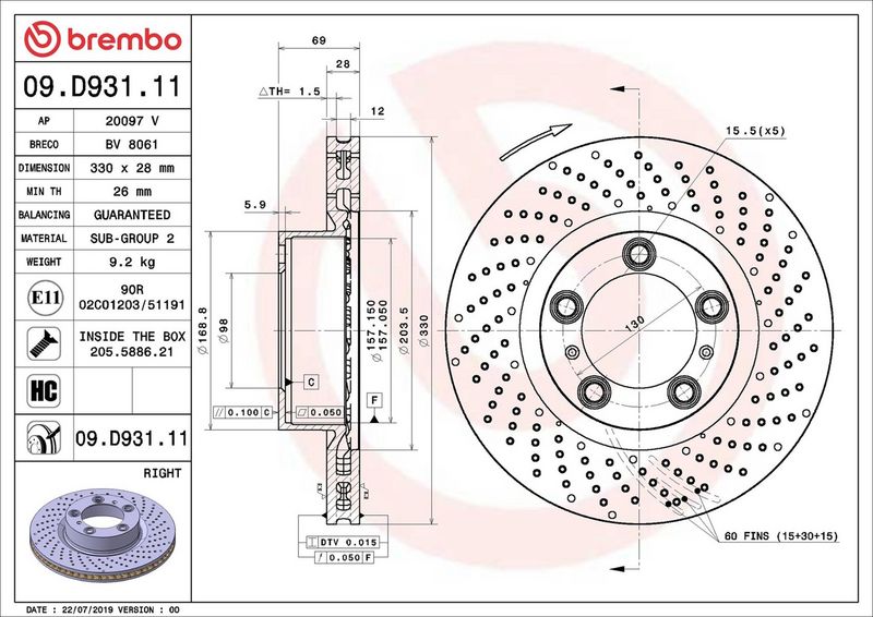 Тормозной диск BREMBO 09D93111