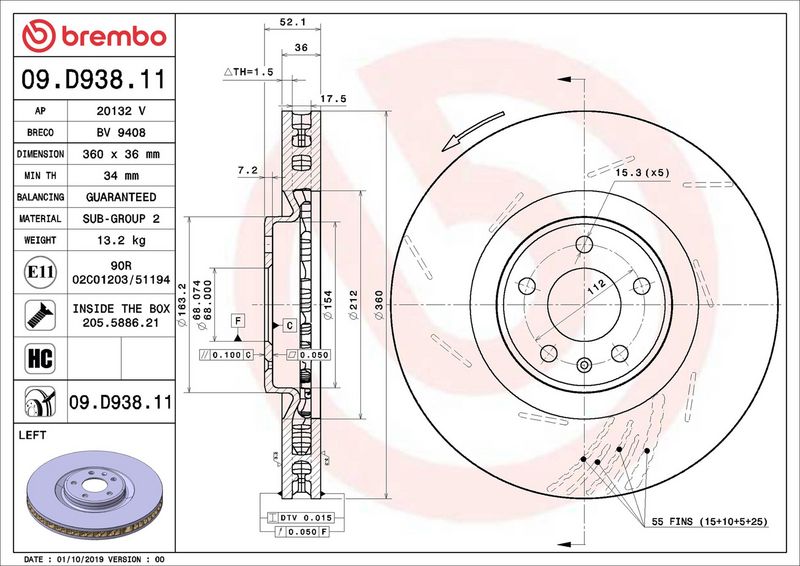 Тормозной диск BREMBO 09D93811